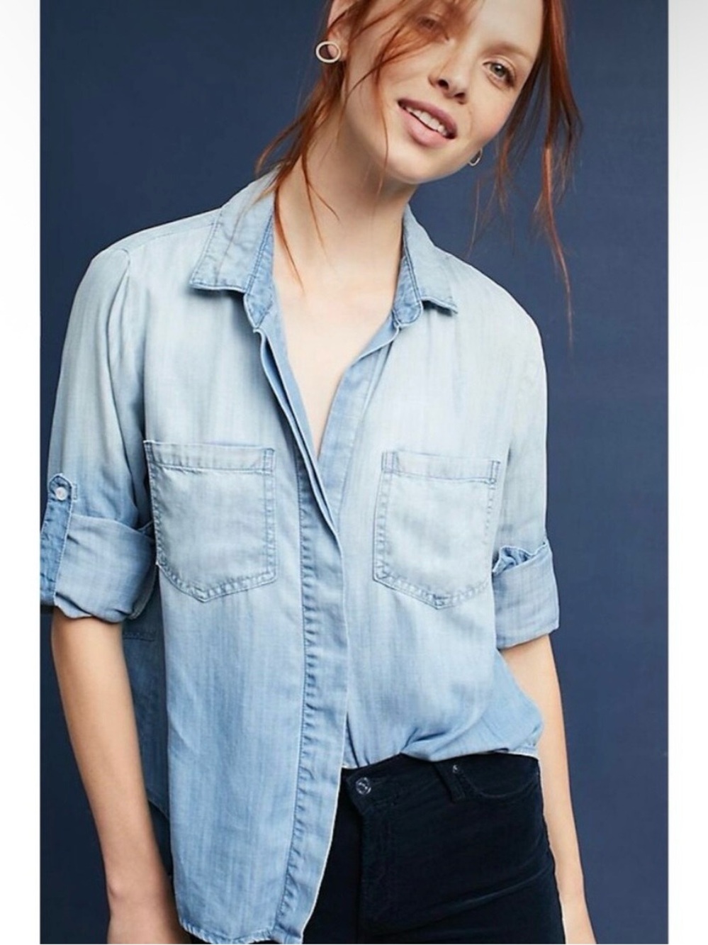 Anthropologie Pale Blue Chambray Roll-Sleeve Shirt XS cloth & stone